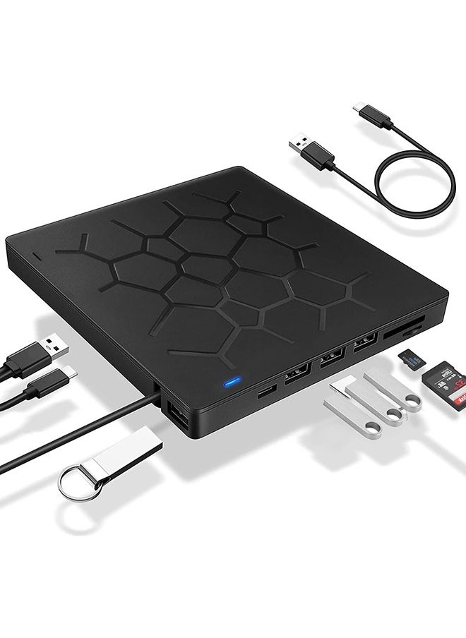 Garlo External DVD Drive, USB 3.0 CD DVD Burner for Laptop, Type-C CD/DVD ROM +/-RW Optical Disk Drive with 4 USB Ports and 2 SD Card Slots, Ultra Slim, for Mac, PC Windows 11/10/8/7 Linux OS  - Image 1