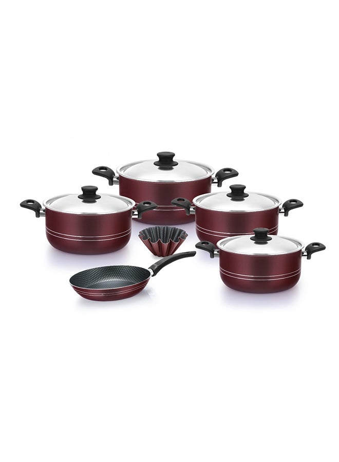 TRUEVAL 12 Pieces Trueval Cooking Set (Pot 16-18-24-28 - Frying Pan 24 - Brioche 12-2 Pieces Distribution) - Red Tooby