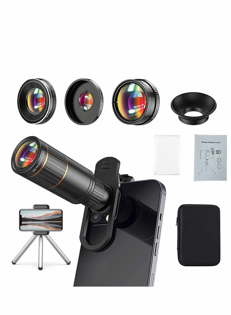 Phone Camera Lens Kit 4 in 1, Attachment for SmartPhone, 22X Telephoto Lens, 205° Fisheye 4K HD 0.67X Wide Angle 25X Macro Compatible with all Phones - Image 1