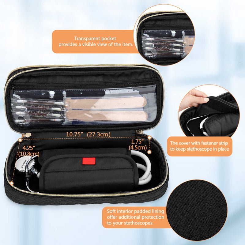 Damero Double Layer Stethoscope Case Compatible with 3M Littmann/ADC/Omron Stethoscope, Stethoscope Carrying Case Travel Bag for Nurse Accessories, Black - Image 2
