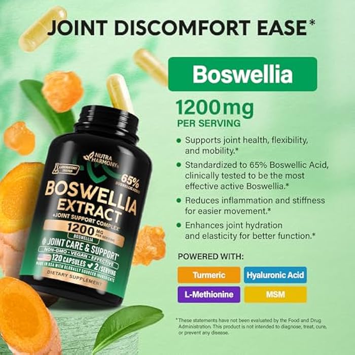 NUTRAHARMONY Boswellia 1200mg - Boswellia Extract | Turmeric | Hyaluronic Acid | MSM | Same - Joint Health & Comfort - Boswellia Serrata | 65% Boswellic Acid - for Men & Women - Made in USA - 120 Capsules - Image 4