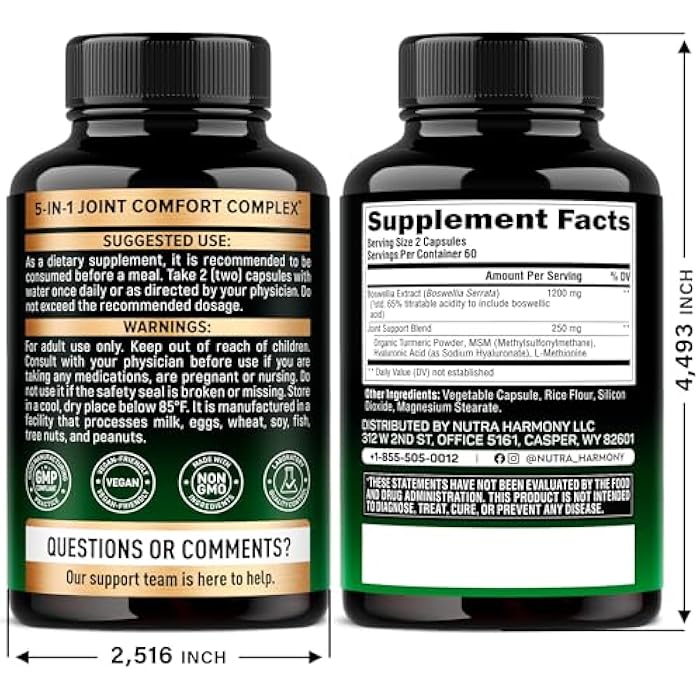 NUTRAHARMONY Boswellia 1200mg - Boswellia Extract | Turmeric | Hyaluronic Acid | MSM | Same - Joint Health & Comfort - Boswellia Serrata | 65% Boswellic Acid - for Men & Women - Made in USA - 120 Capsules - Image 2