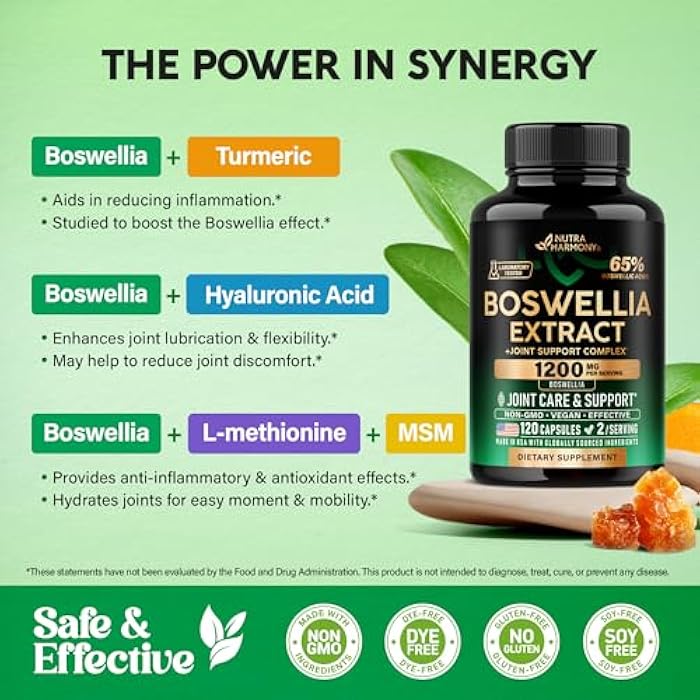 NUTRAHARMONY Boswellia 1200mg - Boswellia Extract | Turmeric | Hyaluronic Acid | MSM | Same - Joint Health & Comfort - Boswellia Serrata | 65% Boswellic Acid - for Men & Women - Made in USA - 120 Capsules - Image 5