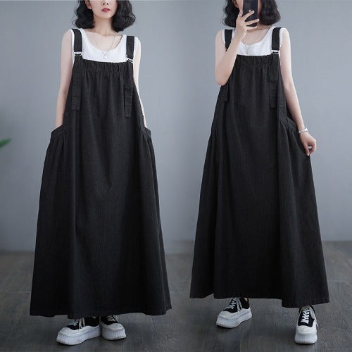 Spring and Summer New Fat Girls Large Size Slim Slip Dress Womens Denim Strap Dress Long Large Swing Loose Casual Dress Black [517#]]