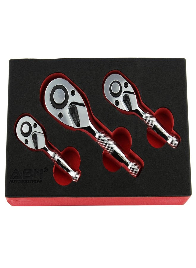 ABN Stubby 3 Piece Ratchet Tools - Thumb Wheel Ratchet Set 3/8 1/4 1/2in Drive 72-Tooth Short Hand Tools - Image 1