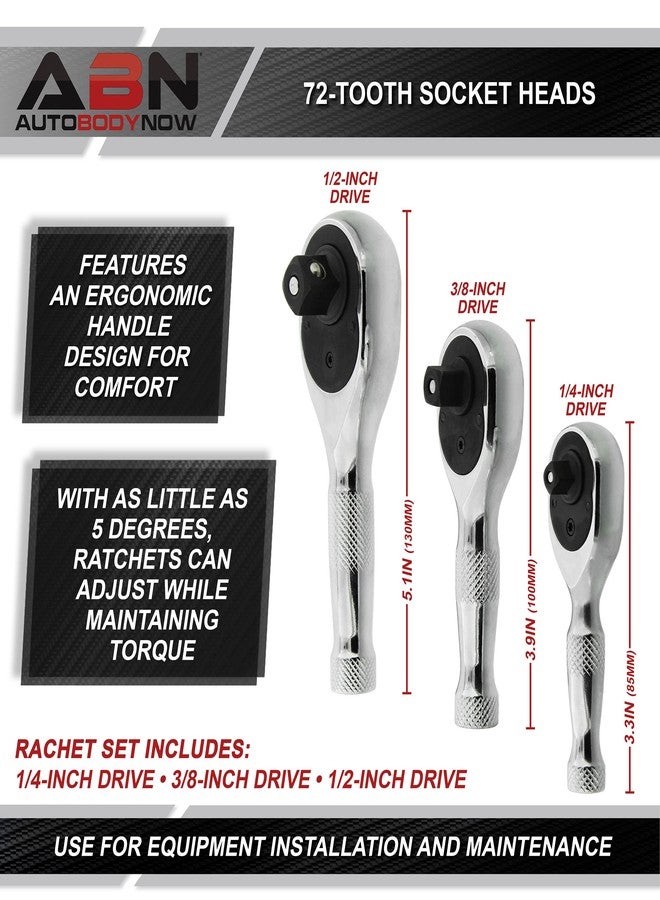 ABN Stubby 3 Piece Ratchet Tools - Thumb Wheel Ratchet Set 3/8 1/4 1/2in Drive 72-Tooth Short Hand Tools - Image 3