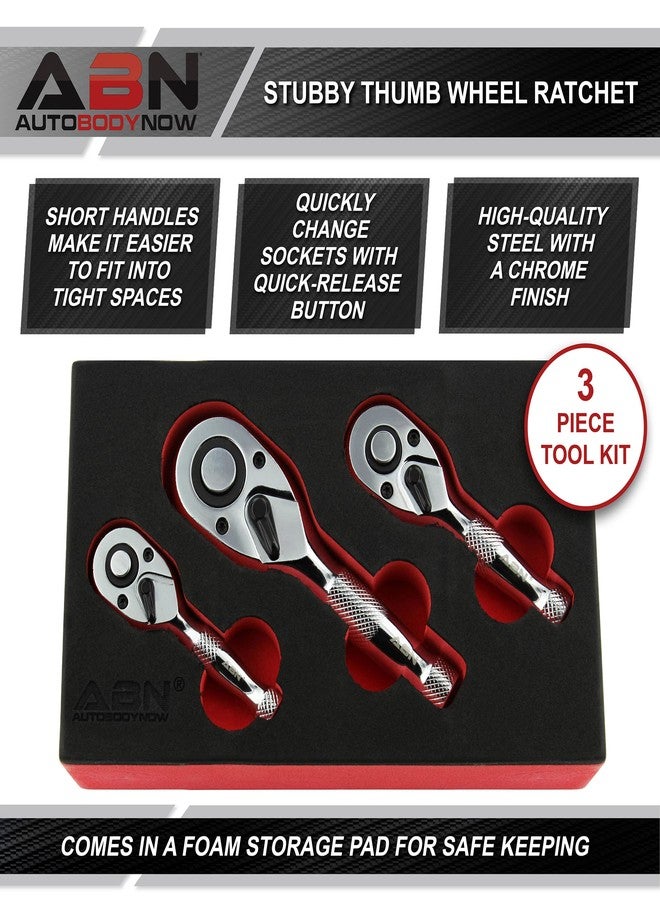 ABN Stubby 3 Piece Ratchet Tools - Thumb Wheel Ratchet Set 3/8 1/4 1/2in Drive 72-Tooth Short Hand Tools - Image 2