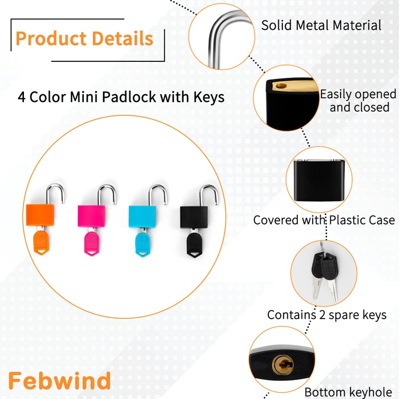 Febwind 4 Pcs Suitcase Locks with Keys Multicolor Mini Keyed Padlock Febwind Metal Padlock Luggage Padlocks Plastic-Covered Copper Keyed Padlock for Suitcase, Backpack, Boxes, Laptop Bag - Image 3