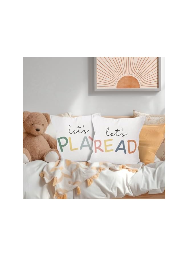 The Bros Kids Playroom Decor,Classroom Throw Pillows,Let's Read Play Decorative 12 x 20 Throw Pillow,Lets Play Read Kids Reading Corner Room Playroom Nursery Decor Set of 2 Pillowcase (18x18 in, White-2) - Image 2