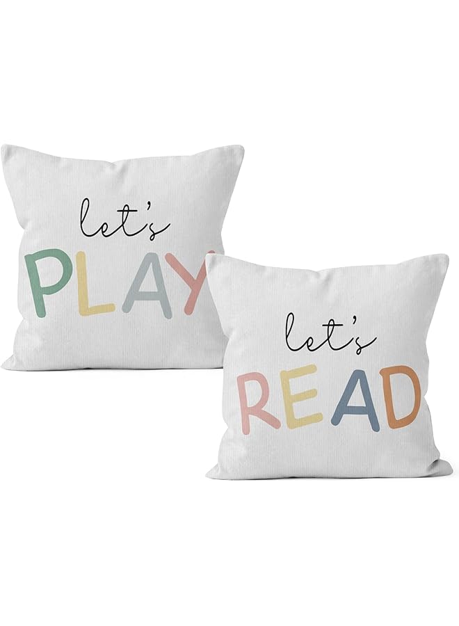 The Bros Kids Playroom Decor,Classroom Throw Pillows,Let's Read Play Decorative 12 x 20 Throw Pillow,Lets Play Read Kids Reading Corner Room Playroom Nursery Decor Set of 2 Pillowcase (18x18 in, White-2) - Image 1