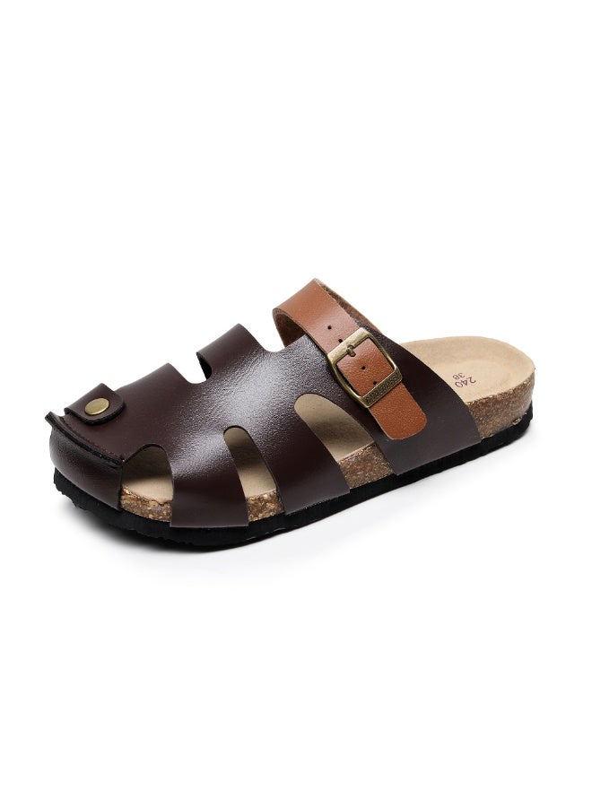 GUOLUOFEI Men's PU Leather Half Slippers, Oversized Cork Sole, Thick Sole Clogs Mule Slippers - Image 1