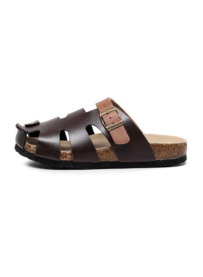 GUOLUOFEI Men's PU Leather Half Slippers, Oversized Cork Sole, Thick Sole Clogs Mule Slippers - Image 2