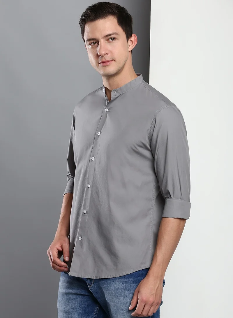 Dennis Lingo Men's Slate Grey Slim Fit Casual Spread Shirt