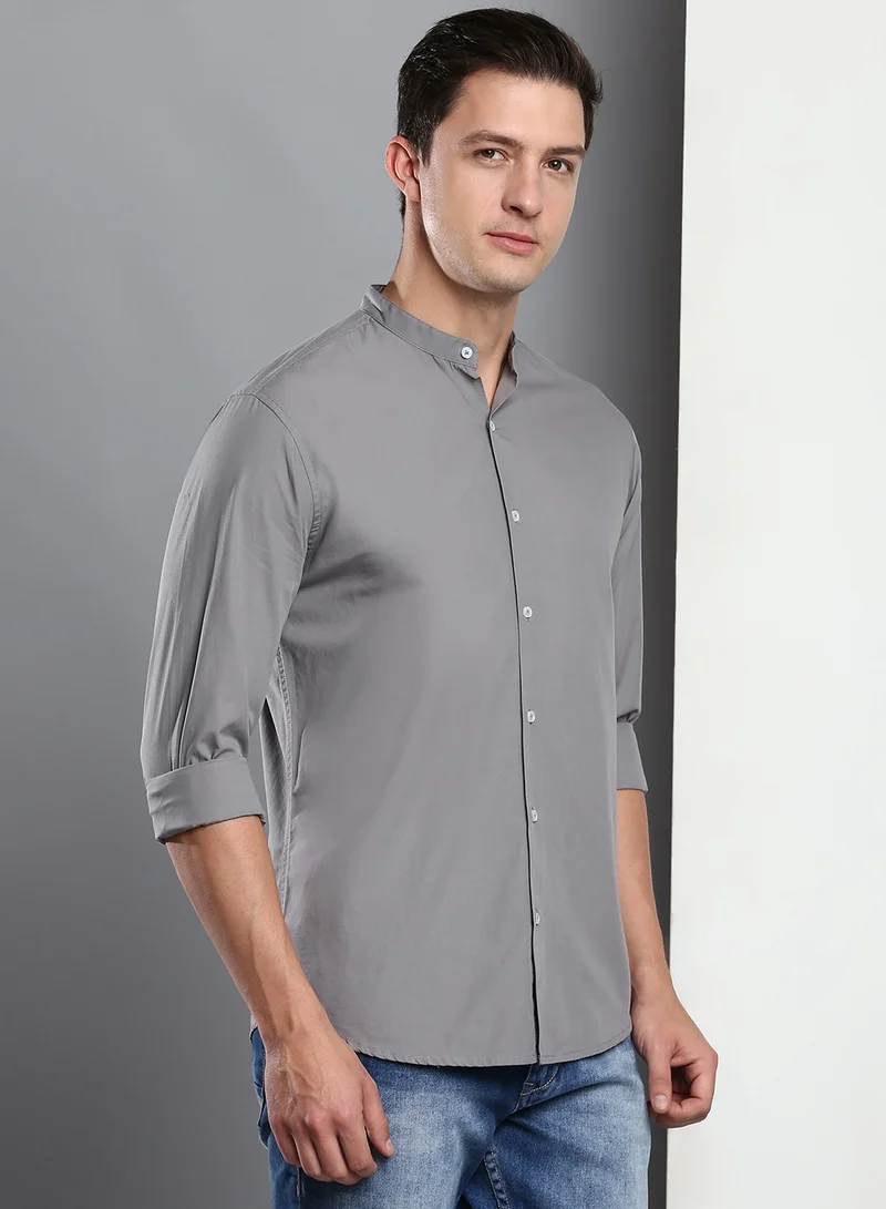 Dennis Lingo Men's Slate Grey Slim Fit Casual Spread Shirt