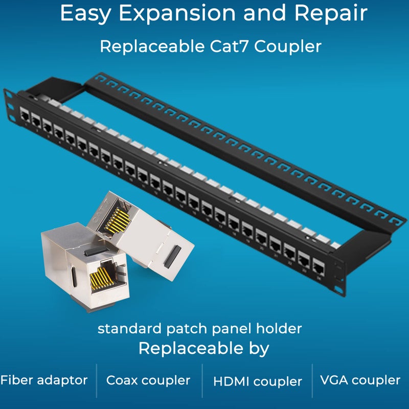 Rapink Patch Panel 24 Port Cat7 with Inline Keystone 10G Support, Coupler Patch Panel STP Shielded 19-Inch with Removable Back Bar, 1U Network Panel for Cat7, Cat6, Cat6A, Cat5e, - Image 5