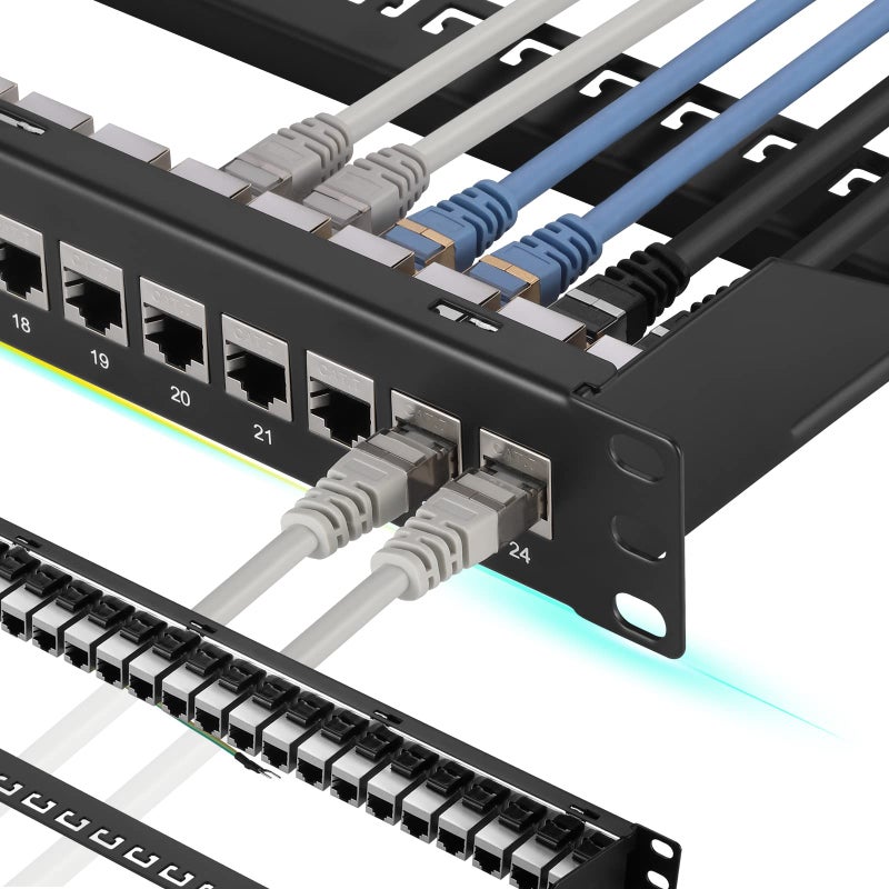 Rapink Patch Panel 24 Port Cat7 with Inline Keystone 10G Support, Coupler Patch Panel STP Shielded 19-Inch with Removable Back Bar, 1U Network Panel for Cat7, Cat6, Cat6A, Cat5e, - Image 1