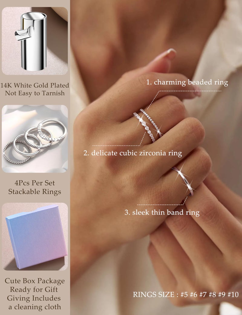 Florideco Silver Plated Stackable Rings for Women Non Tarnish Dainty Cubic Zirconia Thumb Ring Set Stacking Set Statement Promise Band Ring Sets S8 - Image 4