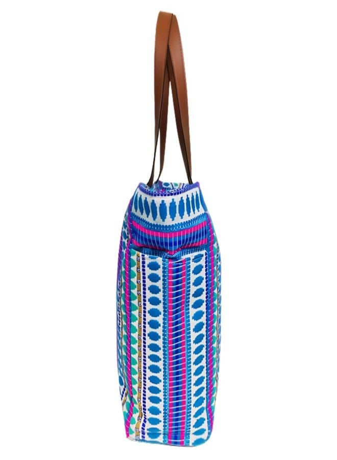 ENSAC Premium Cotton Tote Bag for Women, Stylish Handbag for women with Zip Closure | Fit for Office Bag, College, Travel Use | Handcrafted in India (Cutwork-tote-big) (Rainbow-Blue) - Image 3