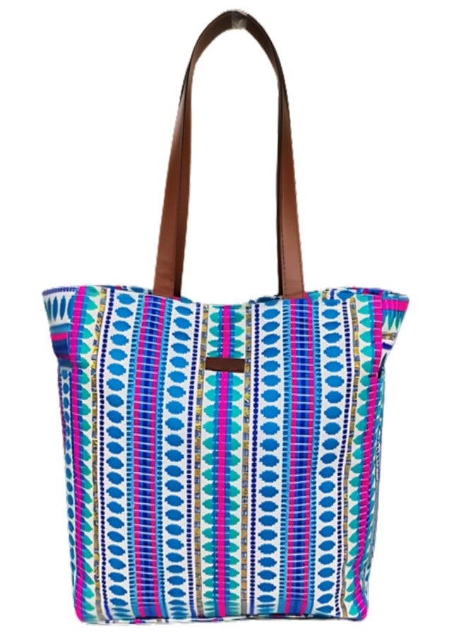 ENSAC Premium Cotton Tote Bag for Women, Stylish Handbag for women with Zip Closure | Fit for Office Bag, College, Travel Use | Handcrafted in India (Cutwork-tote-big) (Rainbow-Blue) - Image 2