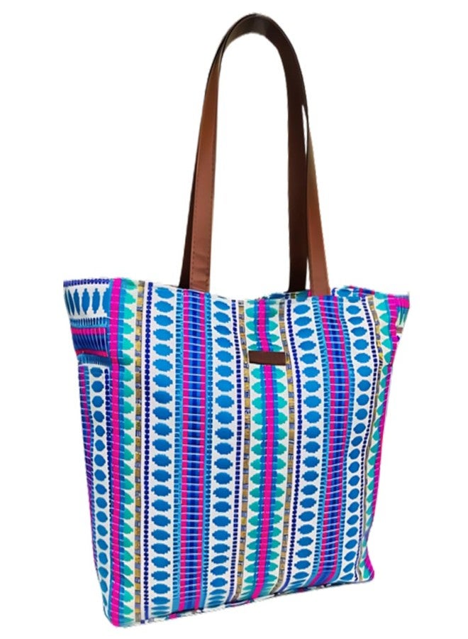 ENSAC Premium Cotton Tote Bag for Women, Stylish Handbag for women with Zip Closure | Fit for Office Bag, College, Travel Use | Handcrafted in India (Cutwork-tote-big) (Rainbow-Blue) - Image 5