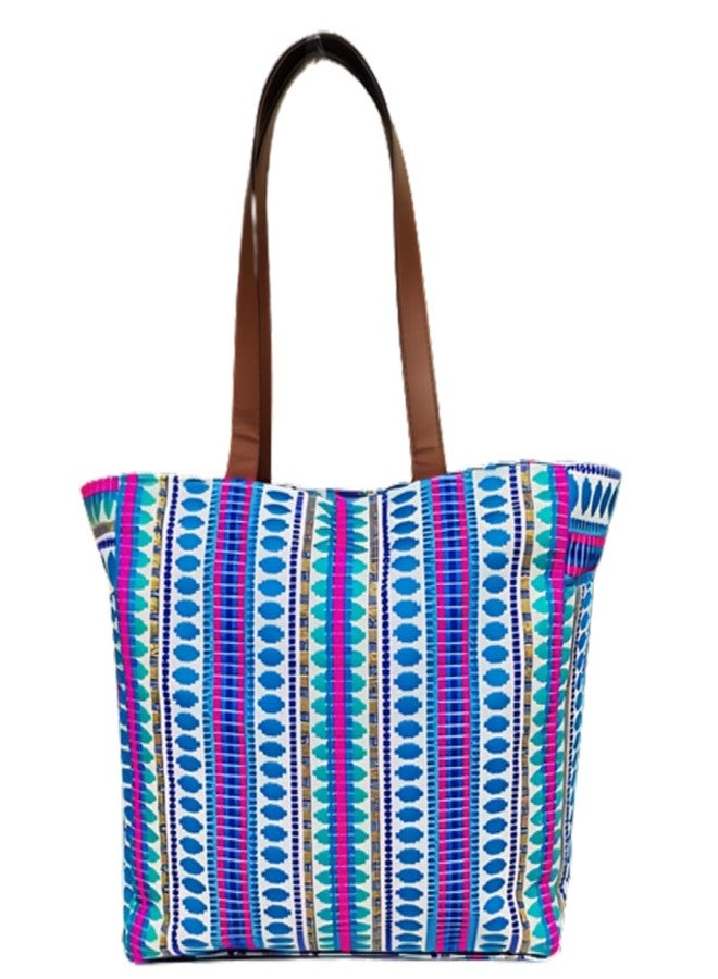 ENSAC Premium Cotton Tote Bag for Women, Stylish Handbag for women with Zip Closure | Fit for Office Bag, College, Travel Use | Handcrafted in India (Cutwork-tote-big) (Rainbow-Blue) - Image 4