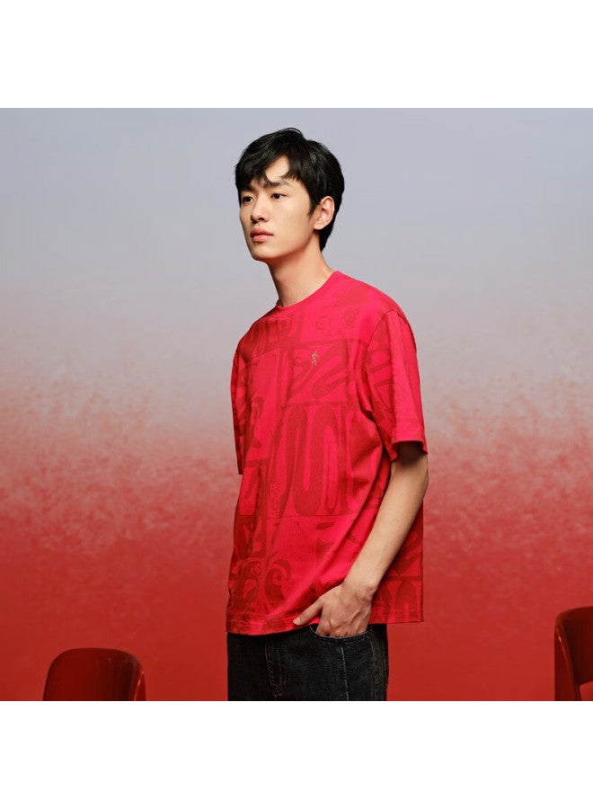 DANCING WOLVES Dancing With Wolves Cotton Stretch Comfortable National Trend Jacquard Men's Short-sleeve T-shirt, Year Of The Snake, 402 Bright Red, Size 175 - Image 2