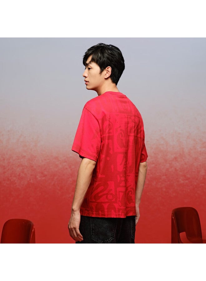 DANCING WOLVES Dancing With Wolves Cotton Stretch Comfortable National Trend Jacquard Men's Short-sleeve T-shirt, Year Of The Snake, 402 Bright Red, Size 175 - Image 1