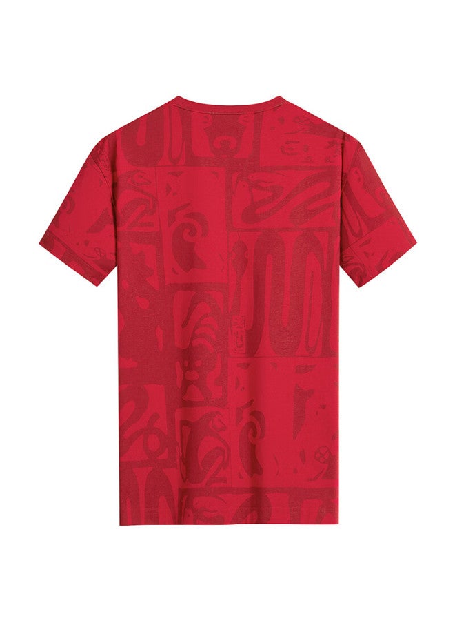 DANCING WOLVES Dancing With Wolves Cotton Stretch Comfortable National Trend Jacquard Men's Short-sleeve T-shirt, Year Of The Snake, 402 Bright Red, Size 175 - Image 3