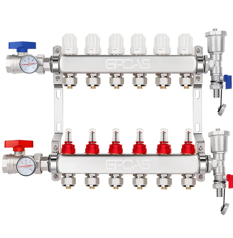 GPOAS 6-Port Radiant Floor Heating PEX Manifold,1/2" PEX Tubing Radiant Floor Heating Manifolld With Stainless Steel Kit - Image 1