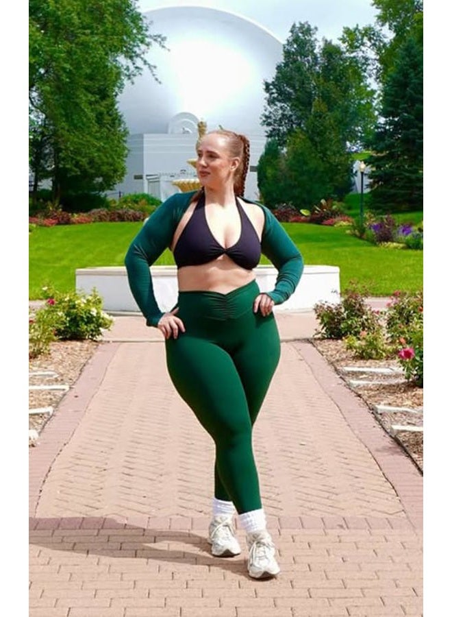Aoxjox High Waisted Workout Leggings for Women Hidden Scrunch V Waist Front Illusion Ruched Athletic Yoga Pants 26", Forest Green, M - Image 3