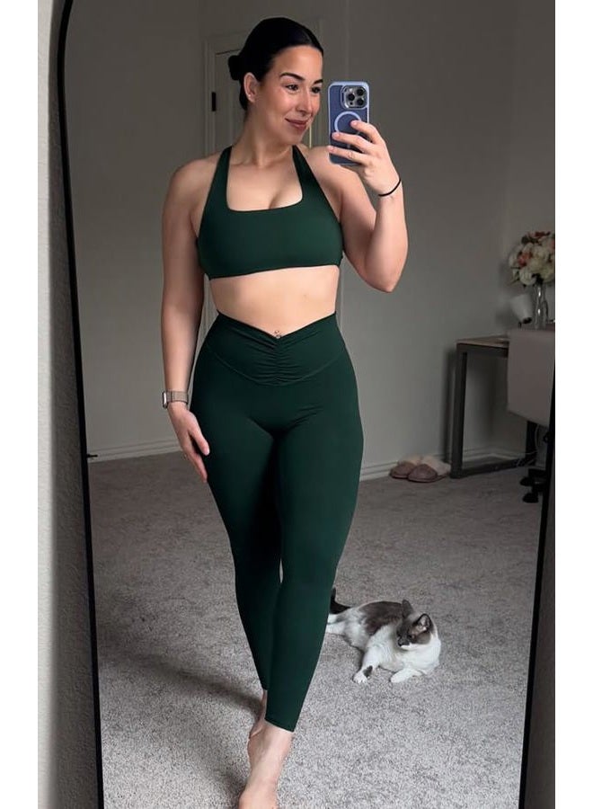 Aoxjox High Waisted Workout Leggings for Women Hidden Scrunch V Waist Front Illusion Ruched Athletic Yoga Pants 26", Forest Green, M - Image 2