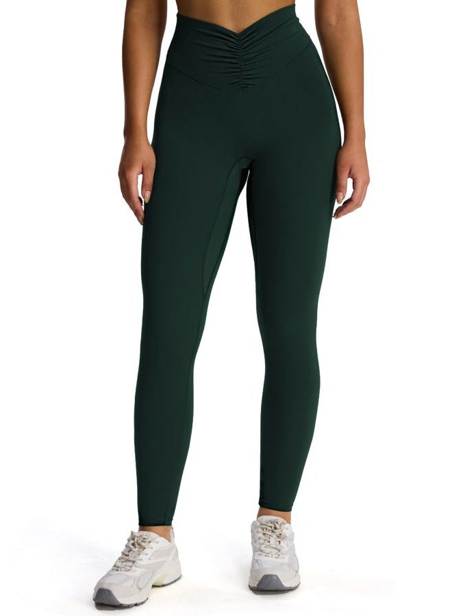 Aoxjox High Waisted Workout Leggings for Women Hidden Scrunch V Waist Front Illusion Ruched Athletic Yoga Pants 26", Forest Green, M - Image 1