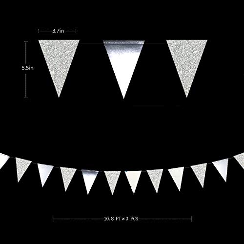 Festiko®12 Flags Silver Party Decorations Glitter Metallic Paper Triangle Banner Flag Garland Pennant Bunting for Wedding Engagement Graduation Anniversary Bachelorette Birthday Party Supplies - Image 2