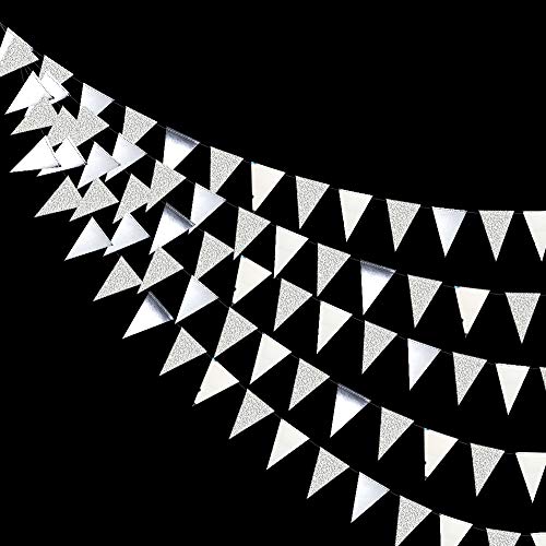 Festiko®12 Flags Silver Party Decorations Glitter Metallic Paper Triangle Banner Flag Garland Pennant Bunting for Wedding Engagement Graduation Anniversary Bachelorette Birthday Party Supplies - Image 1