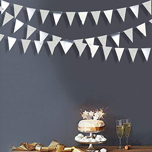 Festiko®12 Flags Silver Party Decorations Glitter Metallic Paper Triangle Banner Flag Garland Pennant Bunting for Wedding Engagement Graduation Anniversary Bachelorette Birthday Party Supplies - Image 3