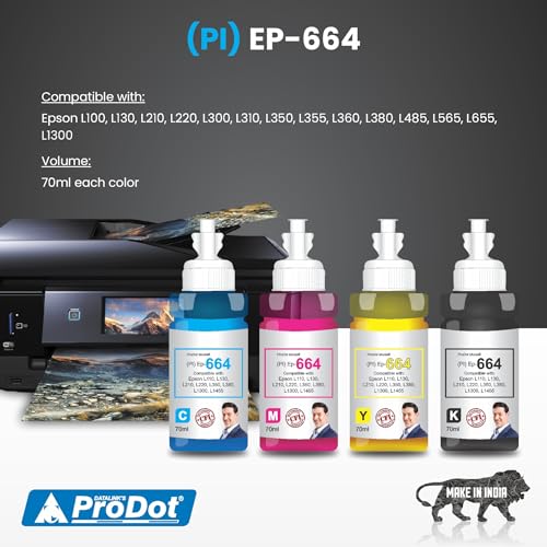 ProDot ProSeries Ep-664 Inkjet Ink Refill Compatible with Epson L100, L130, L210, L220, L300, L310, L350, L355, L360, L380, L485, L565, L655, L1300, L1455 Ink Tank Printers (70 ml, C/M/Y/K) - Image 2