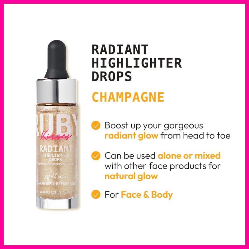 Ruby Kisses Radiant Drops, Shimmer Liquid Highlighter Makeup, Smooth Illuminator for Face Body, Natural Glow Dewiness Glitter for Skin (CHAMPANGE) - Image 4