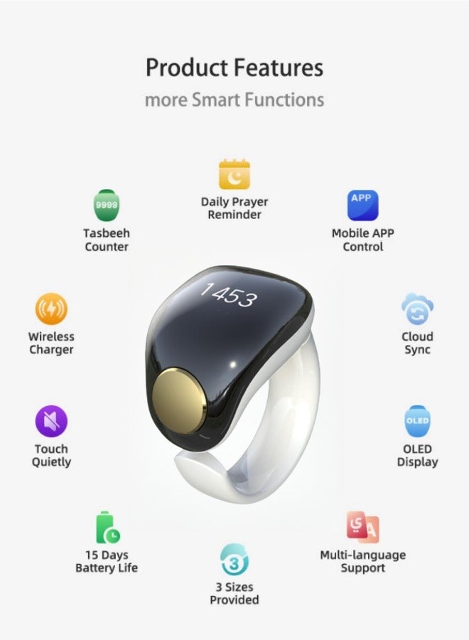 Captaintech Tasbih Zikr Smart Praise Ring, Adjustable Finger Counter, 5 Sizes (16/18/20/22/24 mm), APP Supported Digital Counter Prayer Reminder Ring, Waterproof 4-Digit Muslim Finger Counter Zikr Ring (Black + - Image 3