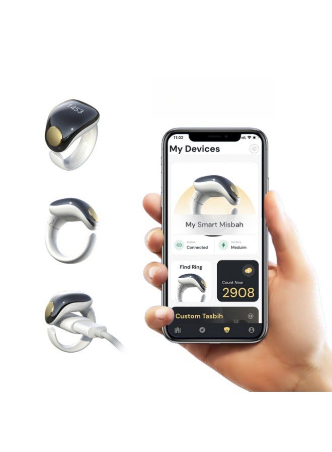 Captaintech Tasbih Zikr Smart Praise Ring, Adjustable Finger Counter, 5 Sizes (16/18/20/22/24 mm), APP Supported Digital Counter Prayer Reminder Ring, Waterproof 4-Digit Muslim Finger Counter Zikr Ring (Black + - Image 2