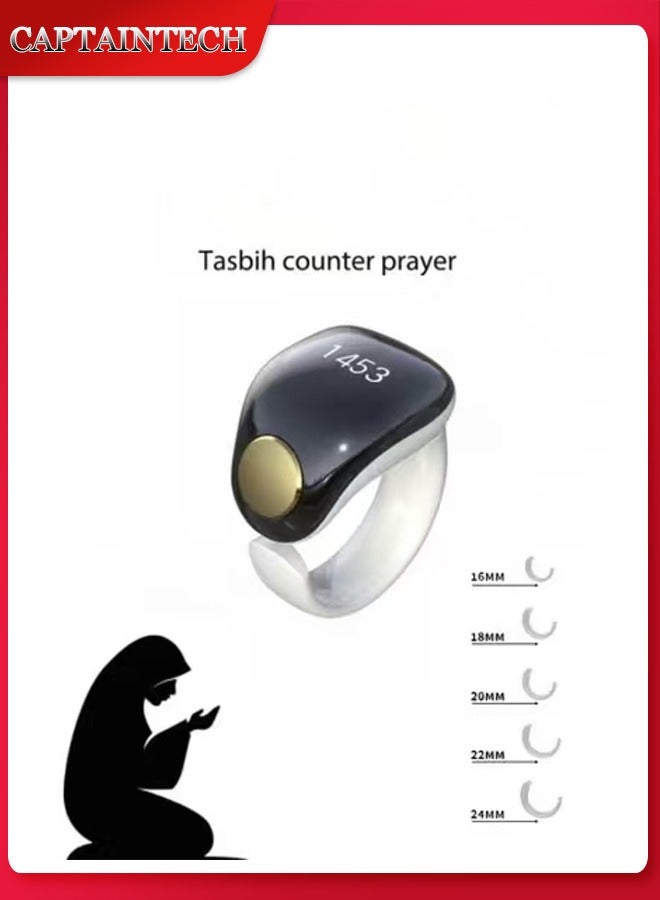 Captaintech Tasbih Zikr Smart Praise Ring, Adjustable Finger Counter, 5 Sizes (16/18/20/22/24 mm), APP Supported Digital Counter Prayer Reminder Ring, Waterproof 4-Digit Muslim Finger Counter Zikr Ring (Black + - Image 1