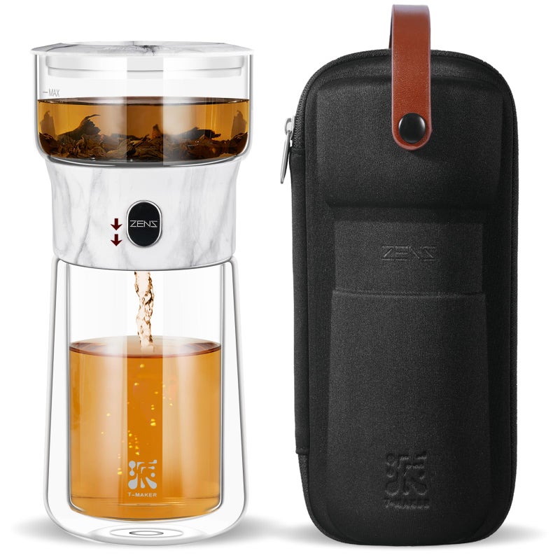 ZENS Modern One Touch Tea Maker Glass Teapot with Infuser for Loose Leaf Tea Diffusers MessFree Smart Pouring with Insulated Mug and Portable Tea Kits for Tea Lover Gifts