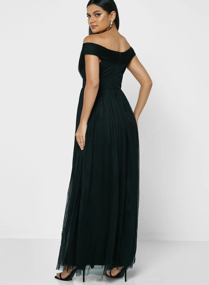 Anaya With Love Bardot Ruffle Side Slit Dress