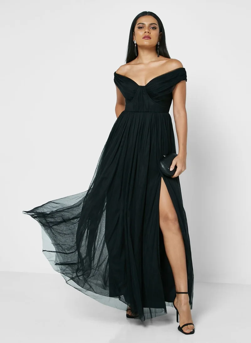 Anaya With Love Bardot Ruffle Side Slit Dress