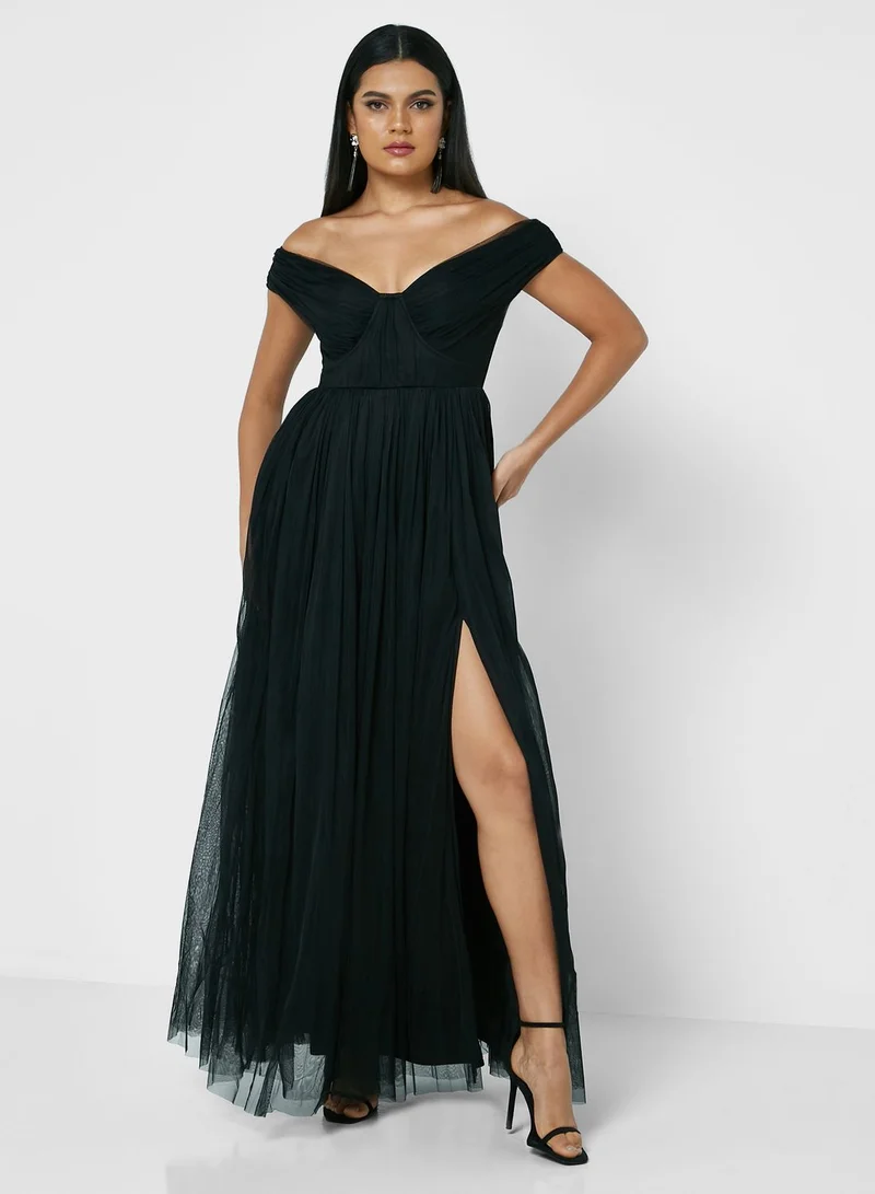 Anaya With Love Bardot Ruffle Side Slit Dress