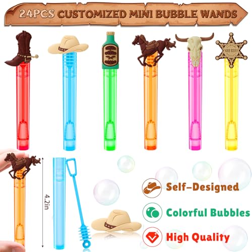 Winrayk Western Cowboy Party Favors 24Pcs Selfdesigned Mini Bubble Wands for Kids Bubbles Bulk Detachable Topper 6 Styles Colors Birthday Gift Pinata Filler Goodie Bag Stuffer Classroom Prize - Image 5