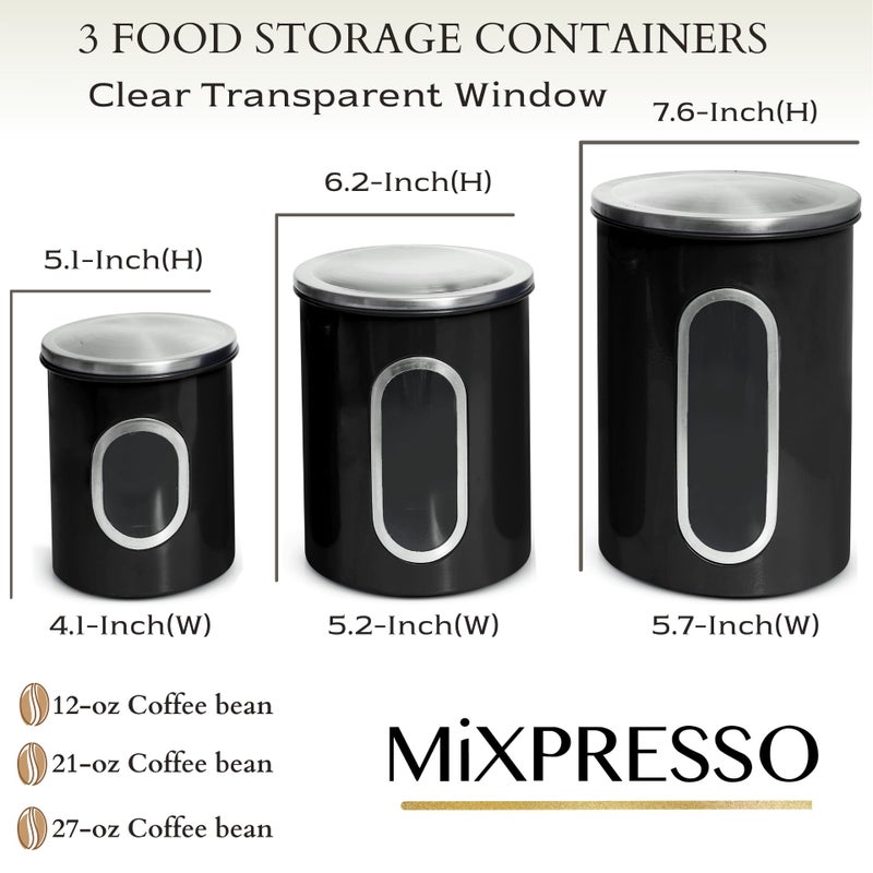 Mixpresso 3-Piece Black Canisters Sets For The Kitchen, Airtight Canister Set With See Through Window, Storage Jars for Coffee Container, Tea Organizer & Sugar Canister, Black Kitchen Canisters - Image 2