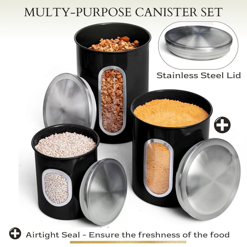 Mixpresso 3-Piece Black Canisters Sets For The Kitchen, Airtight Canister Set With See Through Window, Storage Jars for Coffee Container, Tea Organizer & Sugar Canister, Black Kitchen Canisters - Image 3