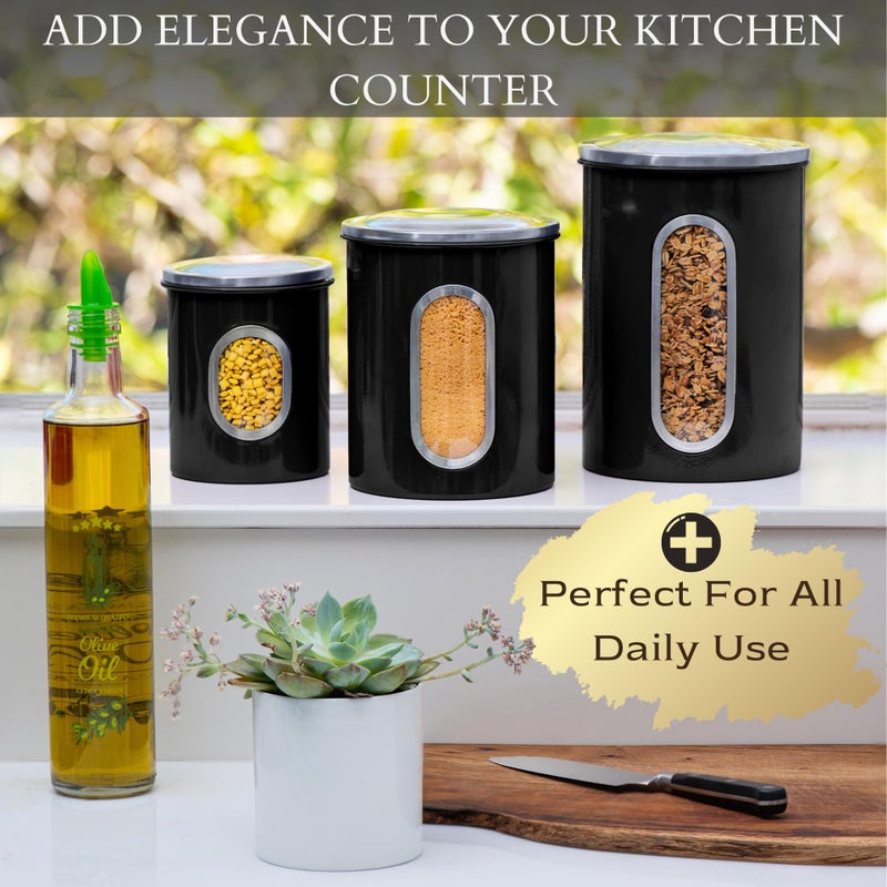 Mixpresso 3-Piece Black Canisters Sets For The Kitchen, Airtight Canister Set With See Through Window, Storage Jars for Coffee Container, Tea Organizer & Sugar Canister, Black Kitchen Canisters - Image 4