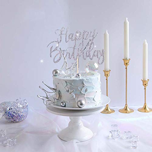 YUINYO Handmade Glitter happy birthday Cake Topper  Happy Birthday Cake Bunting Decor Birthday Party Decoration Supplies (Silver) - Image 4
