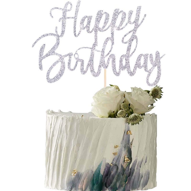 YUINYO Handmade Glitter happy birthday Cake Topper  Happy Birthday Cake Bunting Decor Birthday Party Decoration Supplies (Silver) - Image 1